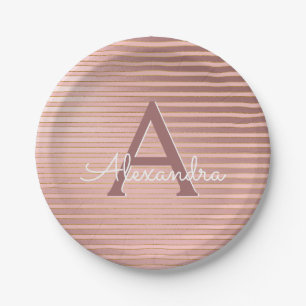 Blush Pink & Gold Stripes Monogram Birthday Paper Plates