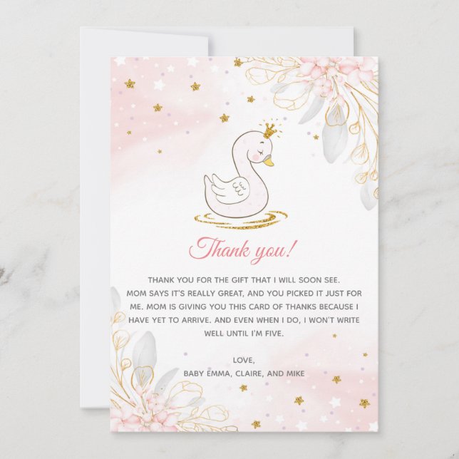 Blush Pink Gold Swan Baby Shower Thank You Card (Front)
