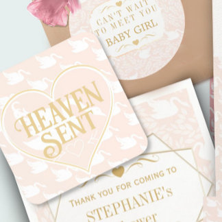 Blush Pink & Gold Swan Heaven Sent Baby Shower Beverage Coaster
