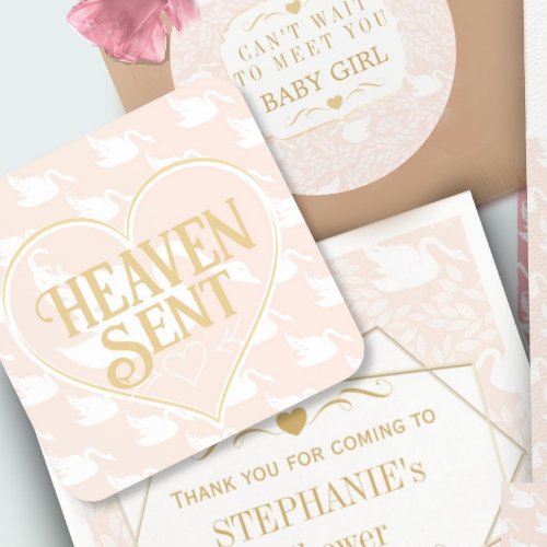 Blush Pink  Gold Swan Heaven Sent Baby Shower Beverage Coaster