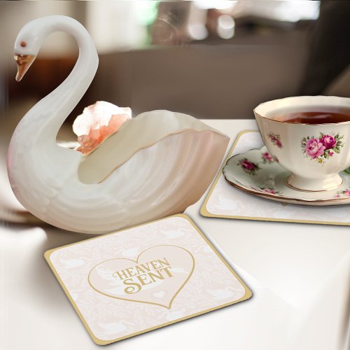 Blush Pink  Gold Swan Pattern for Baby Shower  Square Paper Coaster
