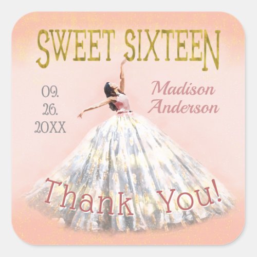 Blush Pink Gold Sweet 16 Birthday Dress Thank You Square Sticker