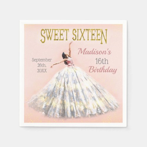 Blush Pink Gold Sweet 16 Birthday Watercolor Dress Napkins