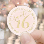 Blush Pink Gold Sweet 16th Birthday Party Favor Classic Round Sticker<br><div class="desc">Add a chic and trendy finishing touch to envelopes and favors with these blush pink and gold sweet 16th birthday party round stickers. Design features a modern handwritten style script typography on a girly blush pink background. Text in a circle is simple to customize. These elegant labels make a stylish...</div>