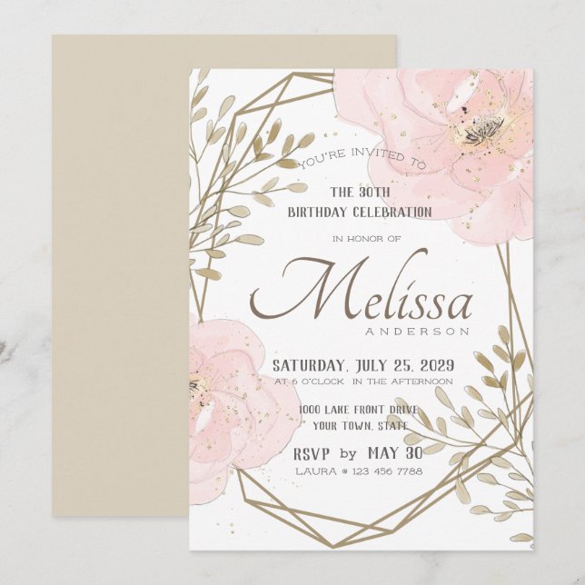 Blush Pink Gold & Taupe Floral Her Birthday Invitation (Front/Back)