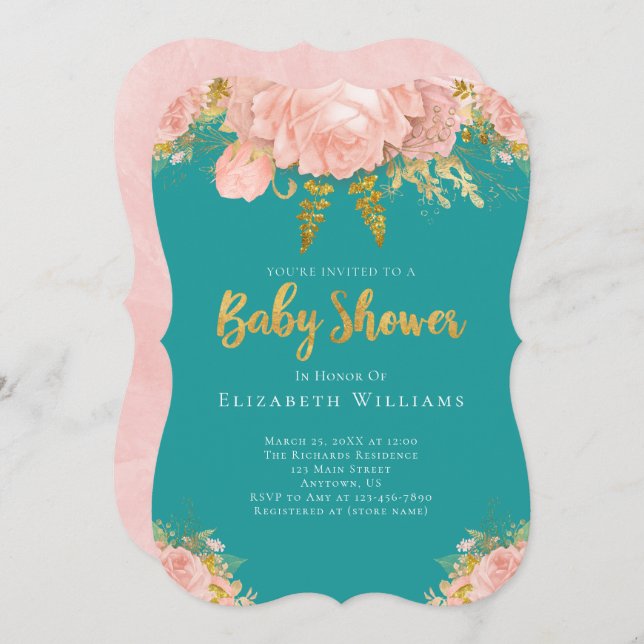 Blush Pink Gold Teal Flower Girl Baby Shower Invitation (Front/Back)