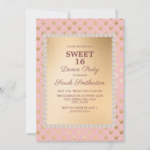 Blush Pink Gold Tiara Sweet 16 Dance Party Invitation