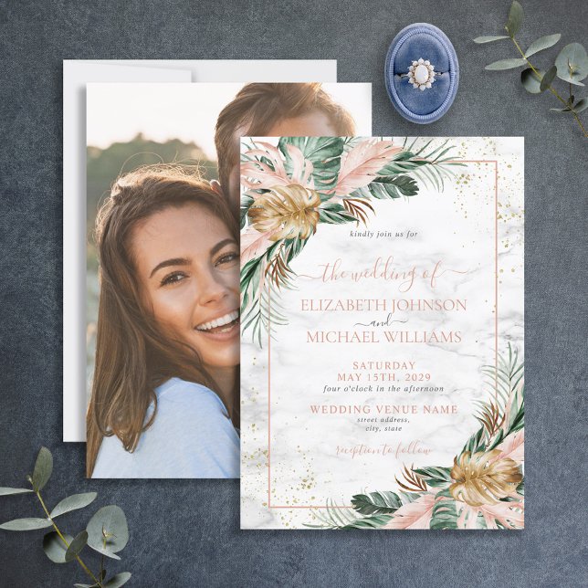 Blush Pink Gold Tropical Boho Chic Photo Wedding Invitation (Creator Uploaded)