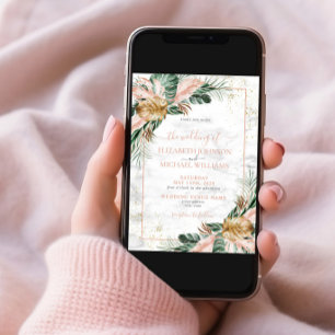 Blush Pink Gold Tropical Boho Chic Photo Wedding Invitation