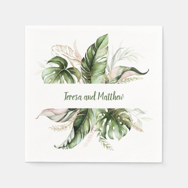 Blush Pink, Gold Tropical Greenery Wedding Napkins (Front)