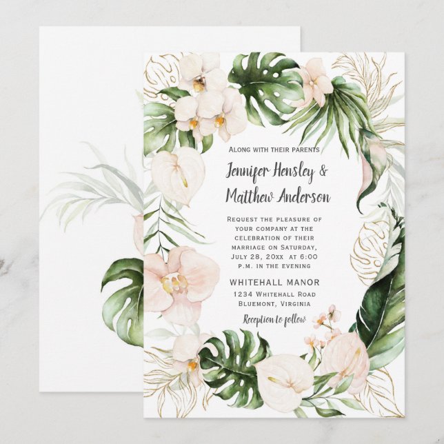Blush Pink Gold Tropical Greenery Wreath Wedding Invitation (Front/Back)