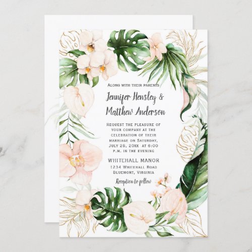 Blush Pink Gold Tropical Greenery Wreath Wedding Invitation