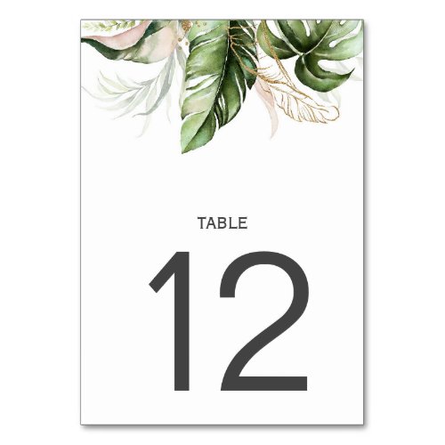 Blush Pink Gold Tropical Monstera Leaves Wedding Table Number