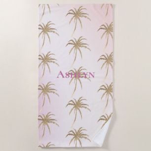 Blush Pink Gold Tropical Palm Trees Beach Towel