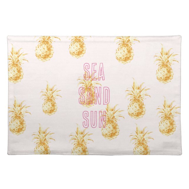 Blush Pink Gold Tropical Pineapples Cloth Placemat (Front)