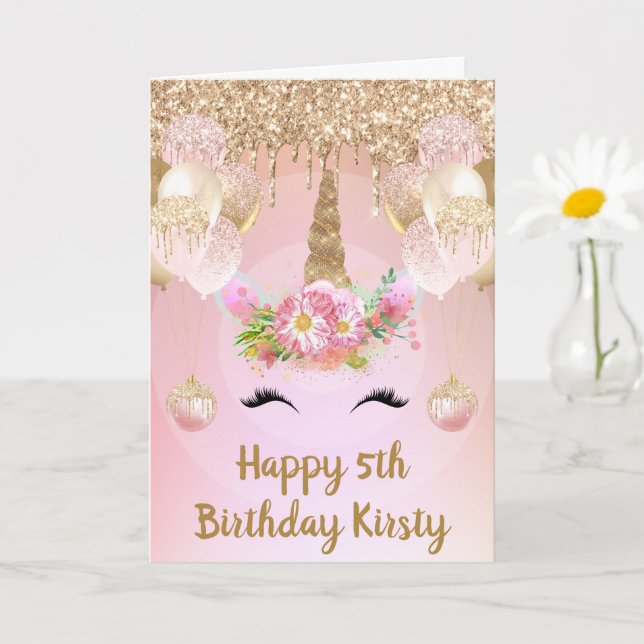 Blush Pink & Gold Unicorn Face Birthday Card (Small Plant)