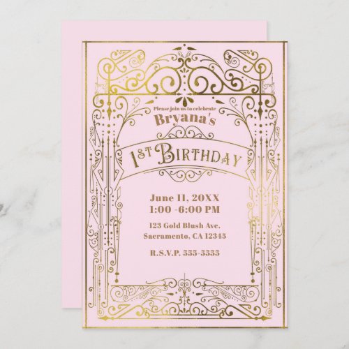 Blush Pink Gold Vintage Victorian 1st Birthday Invitation
