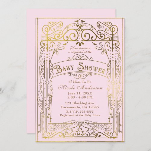 Blush Pink  Gold Vintage Victorian Baby Shower Invitation
