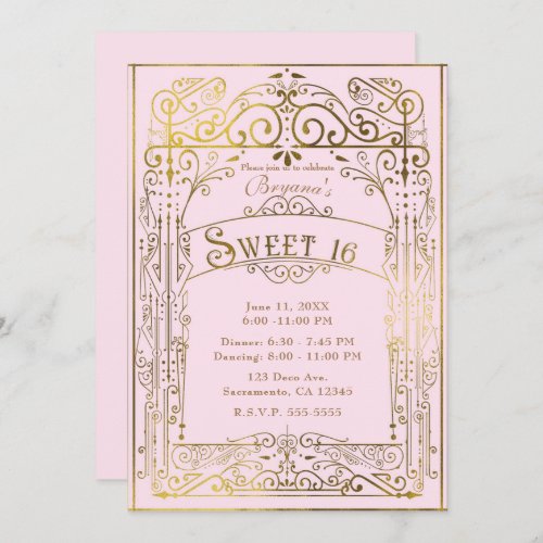 Blush Pink  Gold Vintage Victorian Deco Sweet 16 Invitation