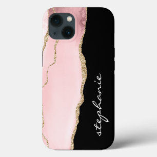 Blush Pink Gold Watercolor Agate Personalized iPhone 13 Case