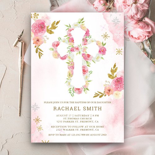 Blush Pink Gold Watercolor Floral Baptism Invitation