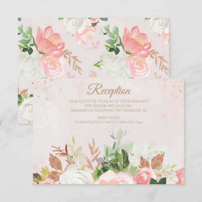 Blush Pink Gold Watercolor Floral Reception Card (Front/Back)