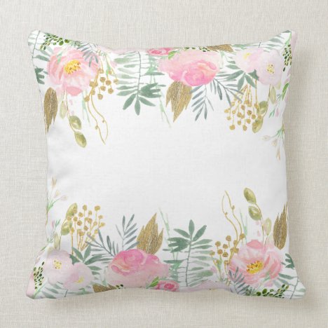 Blush Pink Gold Watercolor Flowers Throw Pillow