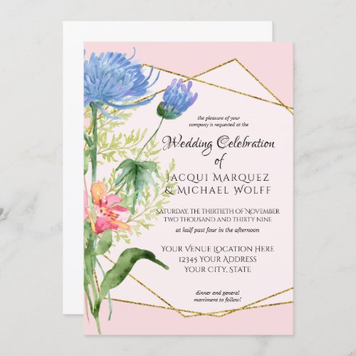 Blush Pink Gold Watercolor Modern Floral Wedding Invitation