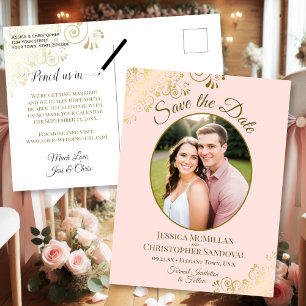 Blush Pink & Gold Wedding Save the Date Oval Photo Announcement Postcard