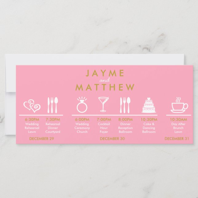 Blush Pink Gold Wedding Timeline Welcome Bag Note (Front)