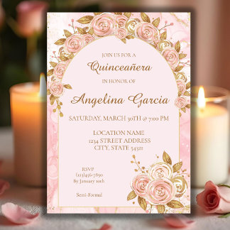Blush Pink Gold Whimsical Quinceanera Invitation