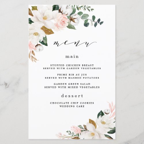Blush Pink Gold White Floral Wedding Menu Cards