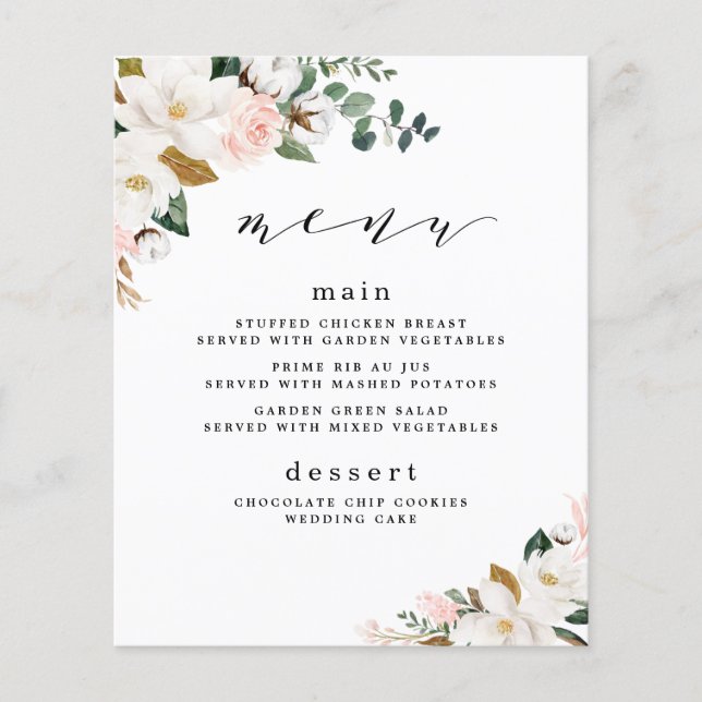 Blush Pink Gold White Magnolia Floral Wedding Menu (Front)