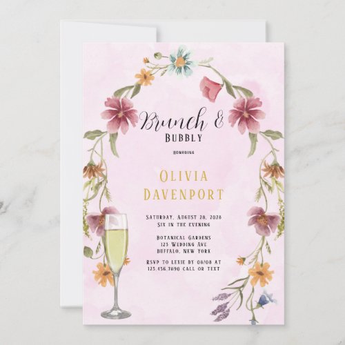 Blush Pink Gold Wildflowers Brunch  Bubbly Invitation