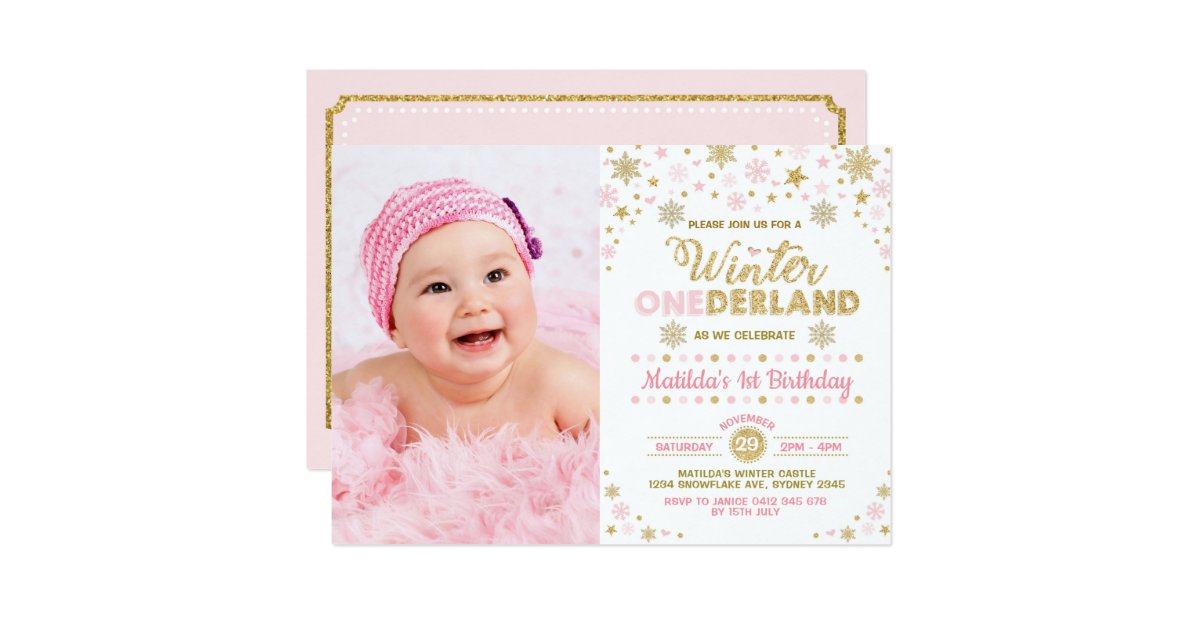 Blush Pink Gold Winter Onederland 1st Birthday Invitation Zazzle