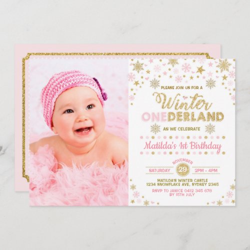 Blush Pink Gold Winter ONEderland 1st Birthday Invitation
