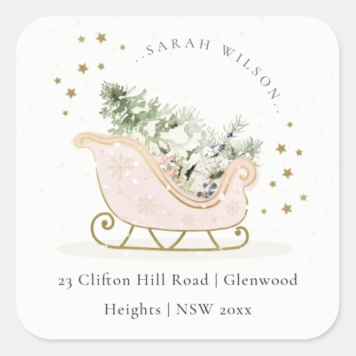 Blush Pink Gold Winter Sleigh Christmas Address Square Sticker