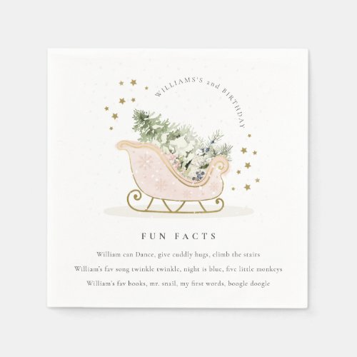 Blush Pink Gold Winter Sleigh Fun Facts Birthday Napkins