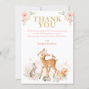 Blush Pink Gold Woodland Animals Forest Baby Girl Thank You Card
