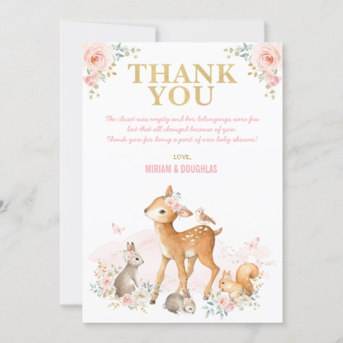 Blush Pink Gold Woodland Animals Forest Baby Girl Thank You Card