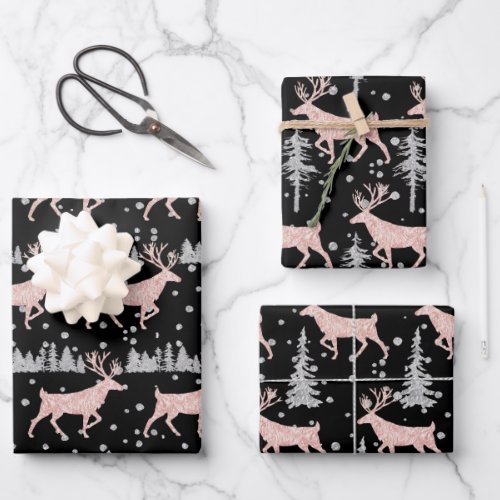 Blush Pink Gold Woodland Stag Spruce Tree Black Wrapping Paper Sheets