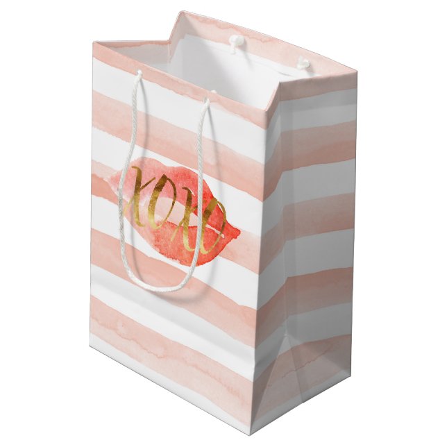 Blush Pink Gold XOXO Watercolor Kiss Medium Gift Bag (Back Angled)