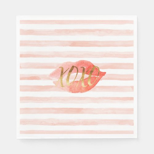 Blush Pink Gold XOXO Watercolor Kiss Paper Napkins