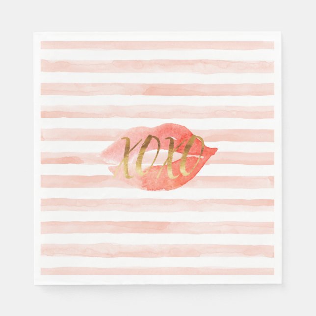 Blush Pink Gold XOXO Watercolor Kiss Paper Napkins (Front)