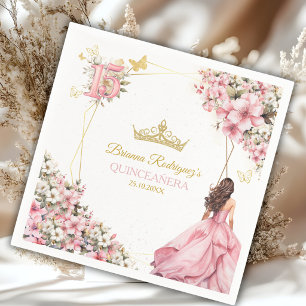 Blush Pink Golden Floral Butterflies Quinceañera Napkins