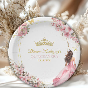 Blush Pink Golden Floral Butterflies Quinceañera Paper Plates