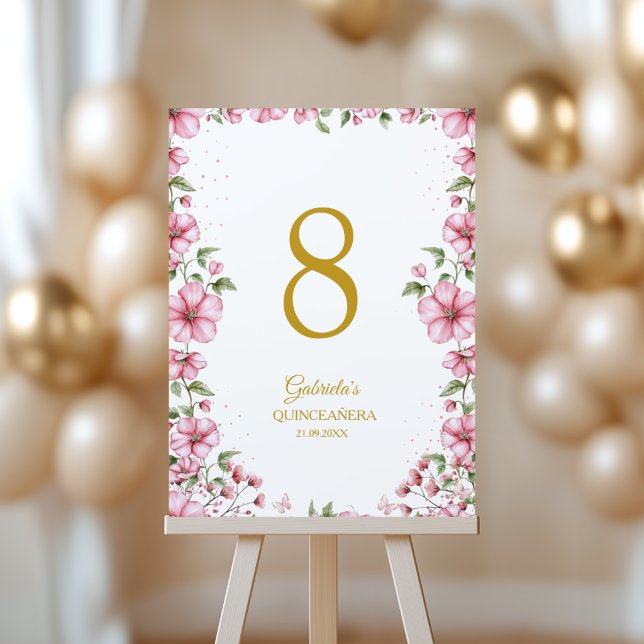 Blush Pink Golden Floral Quinceañera  Table Number (Creator Uploaded)