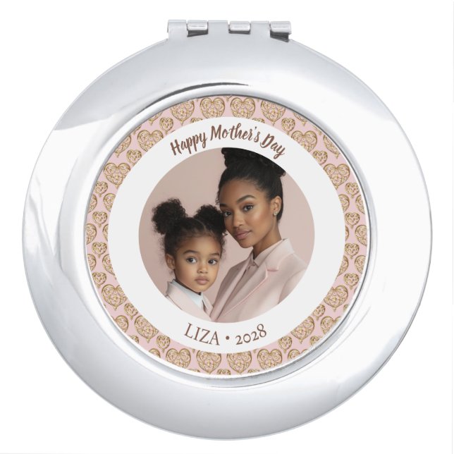 Blush Pink Golden Hearts Mother's Day Photo Compact Mirror (Front)