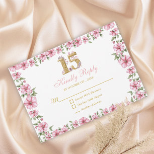 Blush Pink Golden Mis Quince Glitter Quinceañera RSVP Card