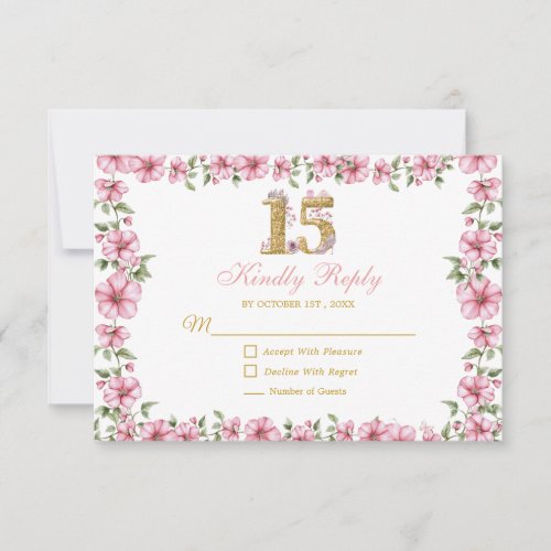 Blush Pink Golden Mis Quince Glitter Quinceañera RSVP Card